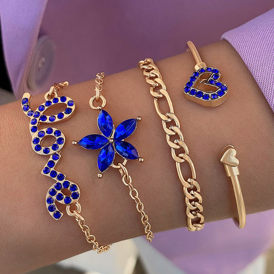 Blue Floral Butterfly Love Bracelet Set with Sparkling Rhinestones