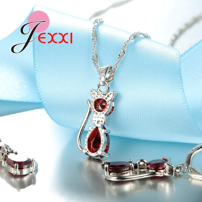 HOT New Arrivals Genuine 925 Sterling Silver Shiny Cubic Zirconia Cat Kitty Necklace Pendant Hoop Earrings Fast Shipping