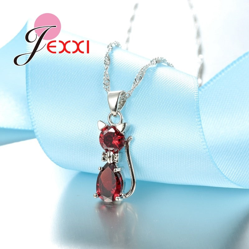 HOT New Arrivals Genuine 925 Sterling Silver Shiny Cubic Zirconia Cat Kitty Necklace Pendant Hoop Earrings Fast Shipping