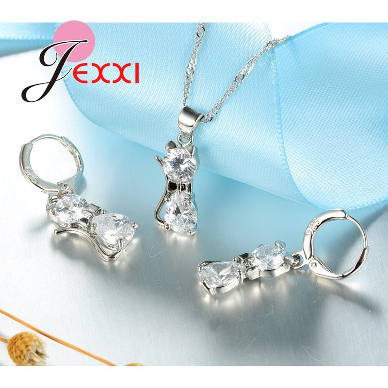HOT New Arrivals Genuine 925 Sterling Silver Shiny Cubic Zirconia Cat Kitty Necklace Pendant Hoop Earrings Fast Shipping