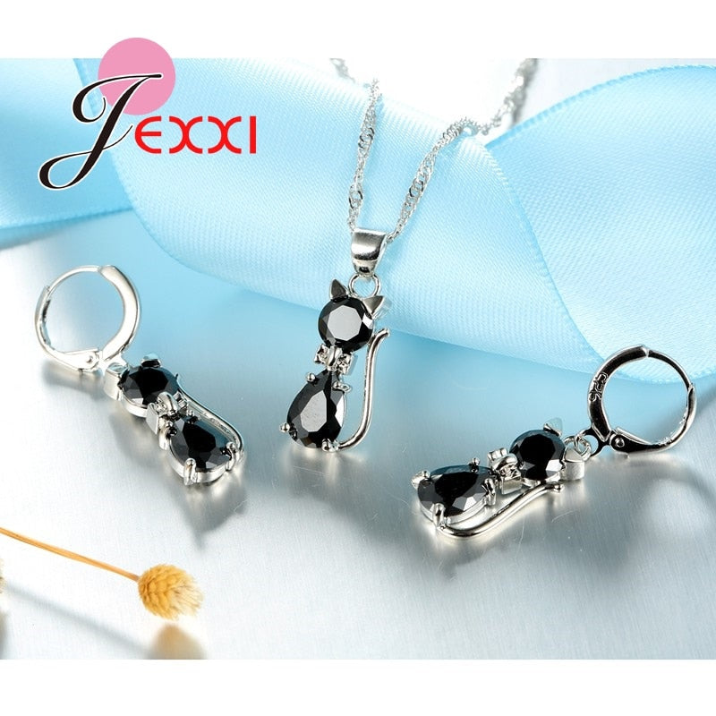 HOT New Arrivals Genuine 925 Sterling Silver Shiny Cubic Zirconia Cat Kitty Necklace Pendant Hoop Earrings Fast Shipping