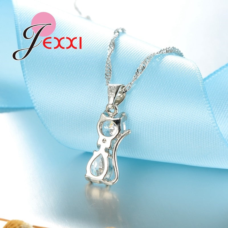 HOT New Arrivals Genuine 925 Sterling Silver Shiny Cubic Zirconia Cat Kitty Necklace Pendant Hoop Earrings Fast Shipping