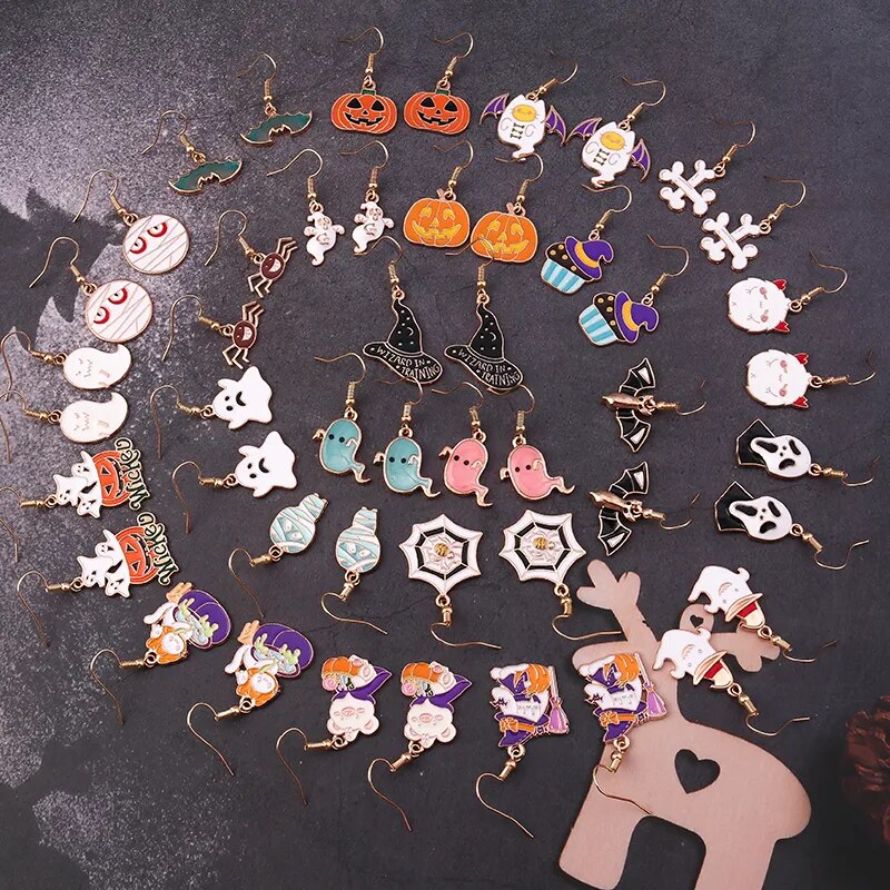 Fashion Halloween Earrings Enamel Ghost Pumpkin Skeleton Mummy Bat Drop Earrings For Women Halloween Night Party Ear Jewelry