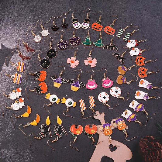 Fashion Halloween Earrings Enamel Ghost Pumpkin Skeleton Mummy Bat Drop Earrings For Women Halloween Night Party Ear Jewelry