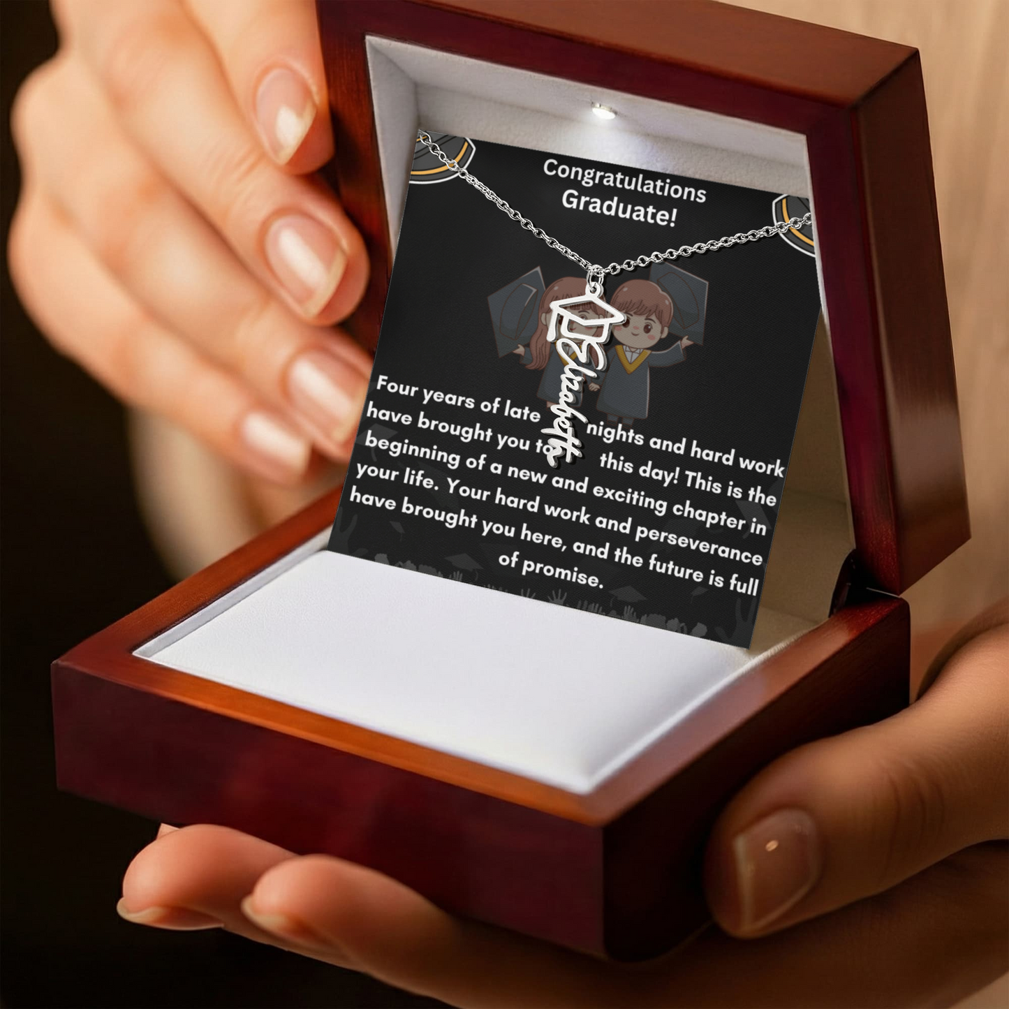 For the Graduate- A Personalized Name Necklace with a Cap