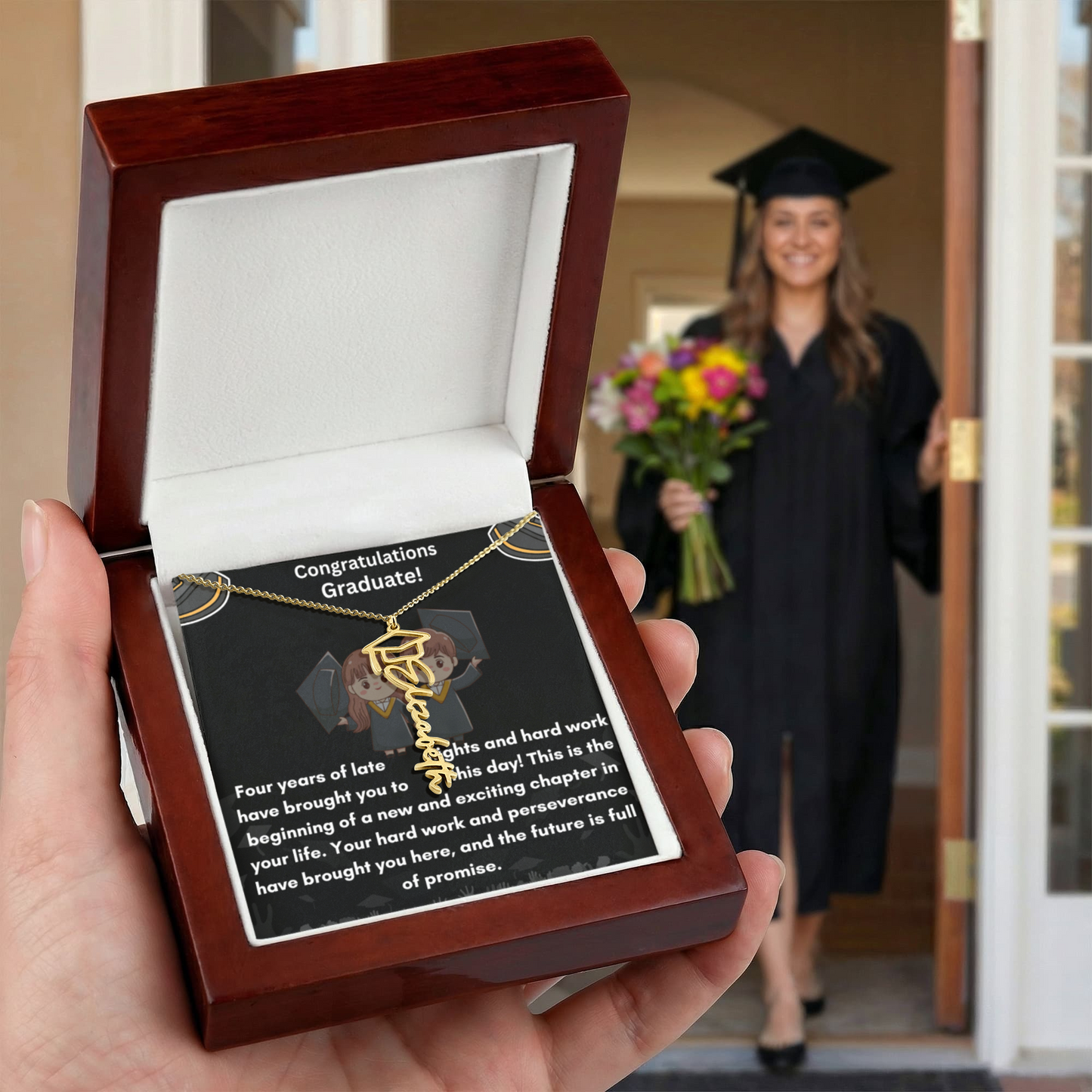 For the Graduate- A Personalized Name Necklace with a Cap